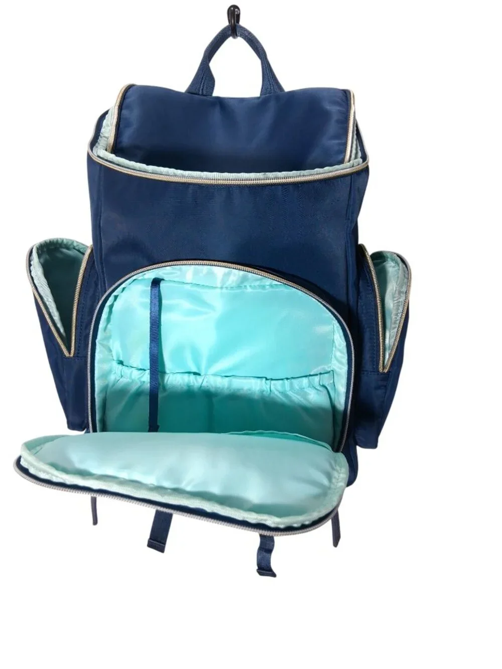Austin Fowler Navy Diaper Backpack With Gold Zippers And Multiple Compartments